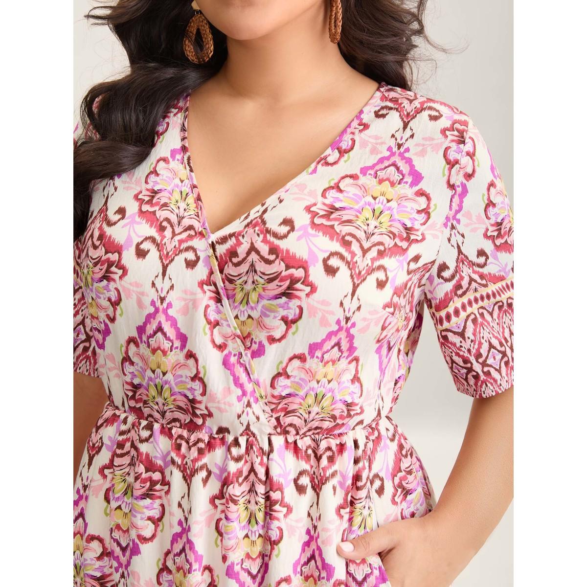 Plus Size Ornate Print Surplice Pockets Maxi Dress Beanpastepowder Women Overlap Collar Short sleeve Curvy BloomChic 12/L Product Image