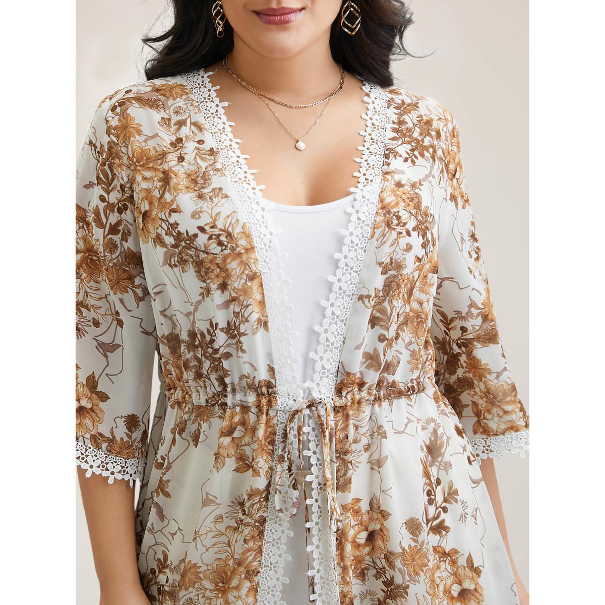 Plus Size Chiffon Floral Print Lace Open-Front Kimono Women Originalwhite Elegant Woven ribbon&lace trim Everyday Kimonos BloomChic 22-24/3X Product Image