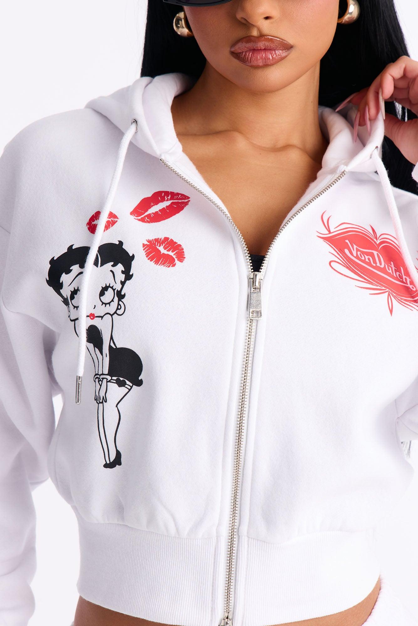 Von Dutch x Betty Boop Fleece Smooch Print Sweatshirt Zip Up - White Female Product Image