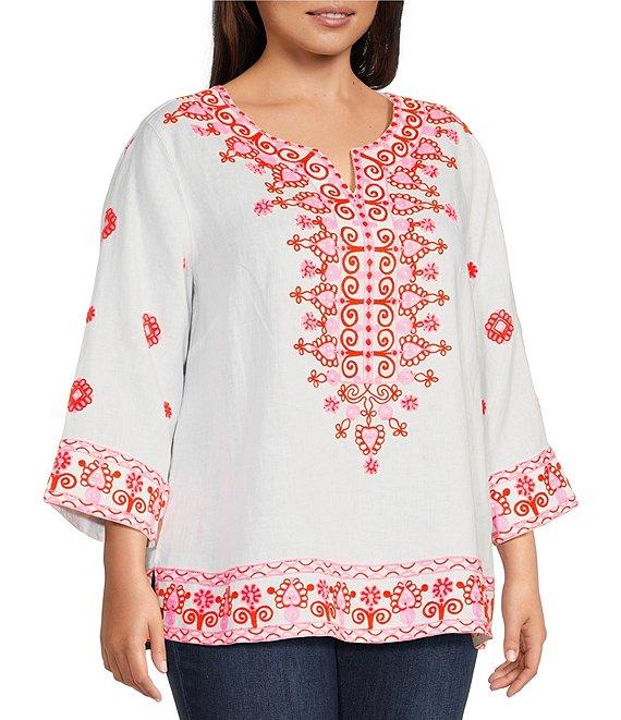 John Mark Plus Size Embroidered Split V-Neck 3/4 Sleeve Hi-Low Hem Tunic Product Image