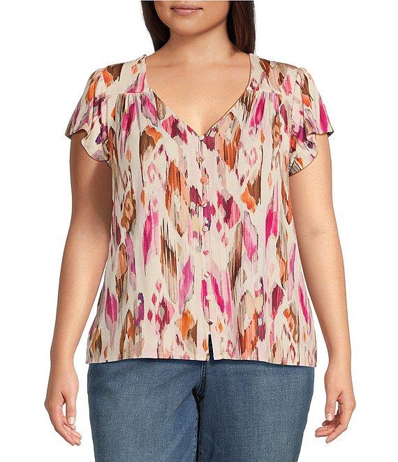 Liverpool Los Angeles Plus Size Knit Printed V-Neck Short Flutter Sleeve Top Product Image