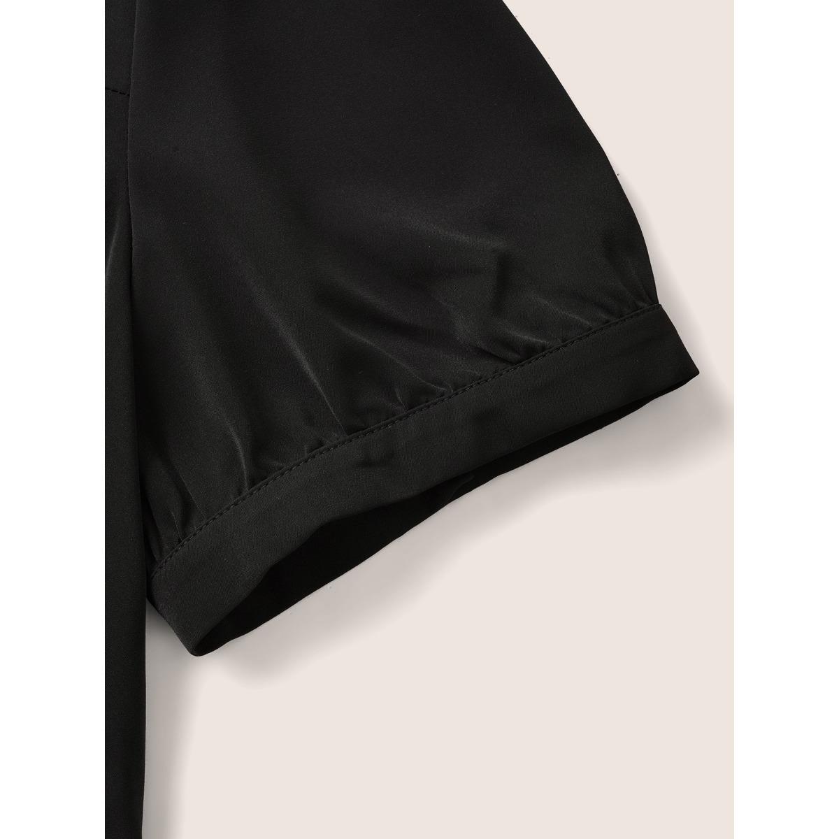 Plus Size Black Shirt Collar Solid Button Detail Gathered Blouse Women At the Office Short sleeve Shirt collar Work Blouses BloomChic 14-16/1X Product Image