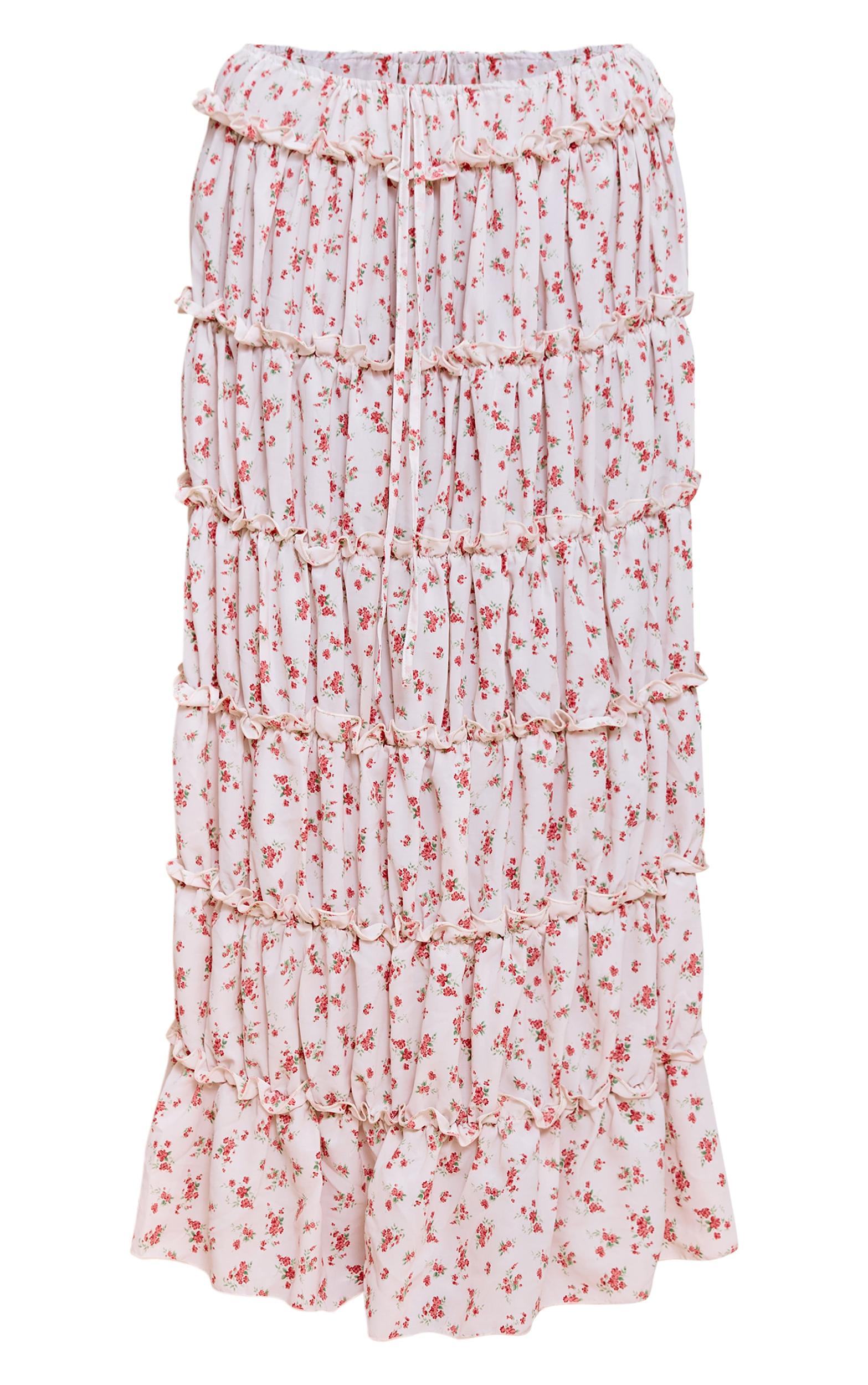 Plus Pink Ditsy Floral Print Tiered Maxi Skirt Product Image