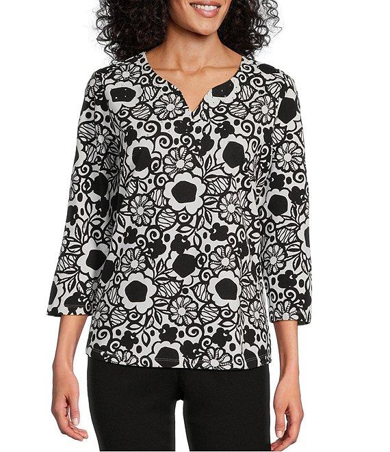 Allison Daley Embellished Graphic Floral Print 3/4 Sleeve Split Round Neck Knit Top Product Image