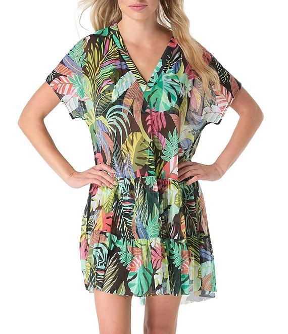 Coco Reef Cosmic Jungle Encourage V-Neck Short Sleeve Mesh Swim Cover-Up Dress Product Image