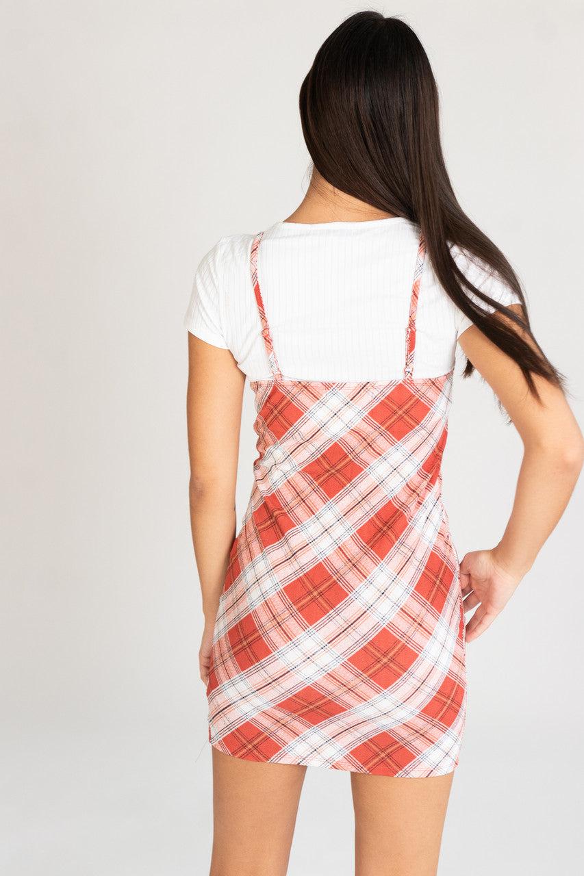 Plaid Cami Mini Dress With Tee Product Image