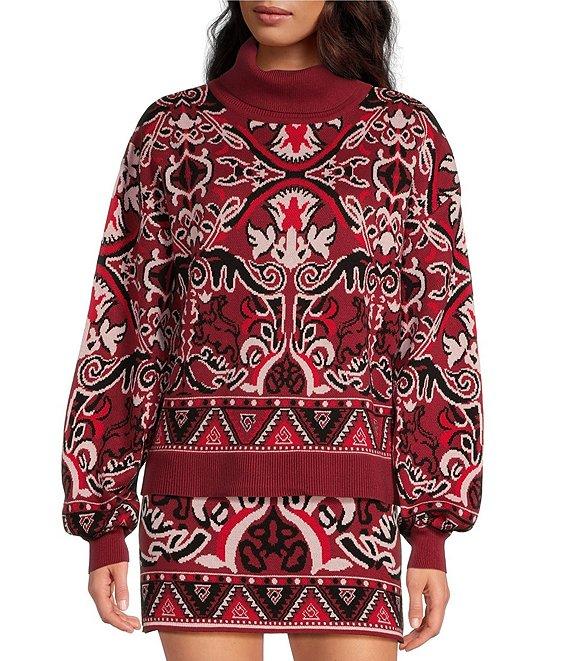 Chelsea & Violet Arlo Fair Isle Knit Turtleneck Long Blouson Sleeve Cropped Sweater Product Image
