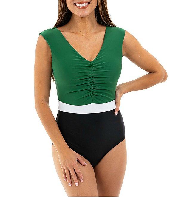Janela Bay Colorblock V-Neck Ruched Tank One Piece Swimsuit Product Image
