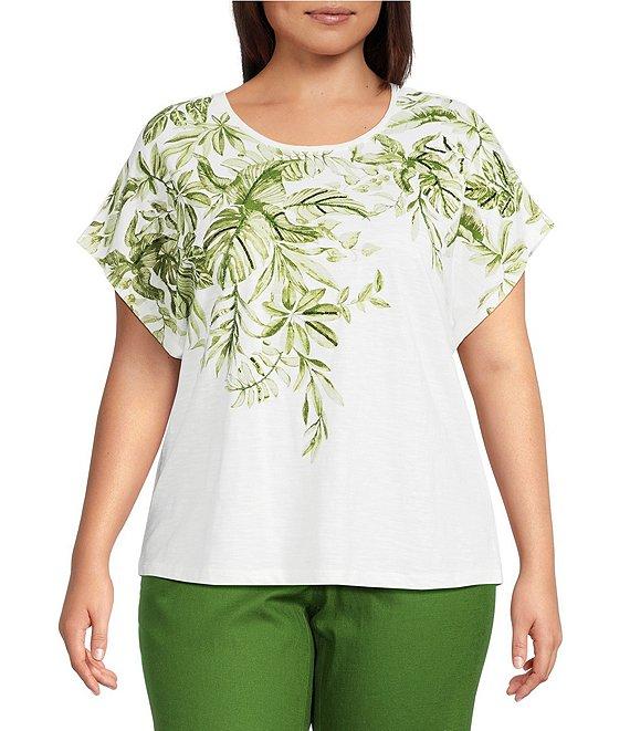 Investments Plus Size Wispy Leaf Short Sleeve Embellished Novelty Crew Neck Top Product Image