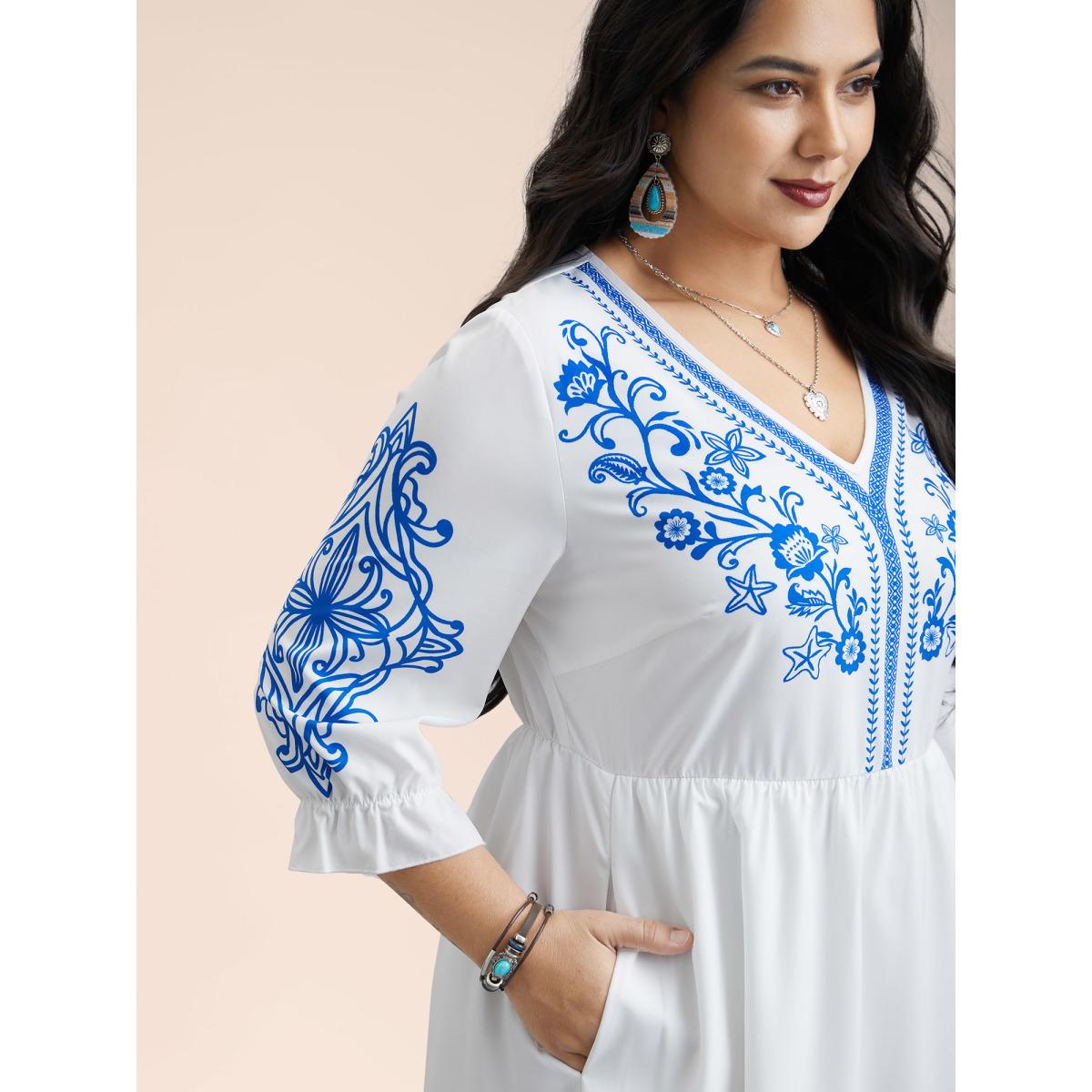 Plus Size Boho Print Waist-Defined Ruffle Midi Dress Stone Women Resort Non V-neck Elbow-length sleeve Curvy BloomChic 30/6X Product Image