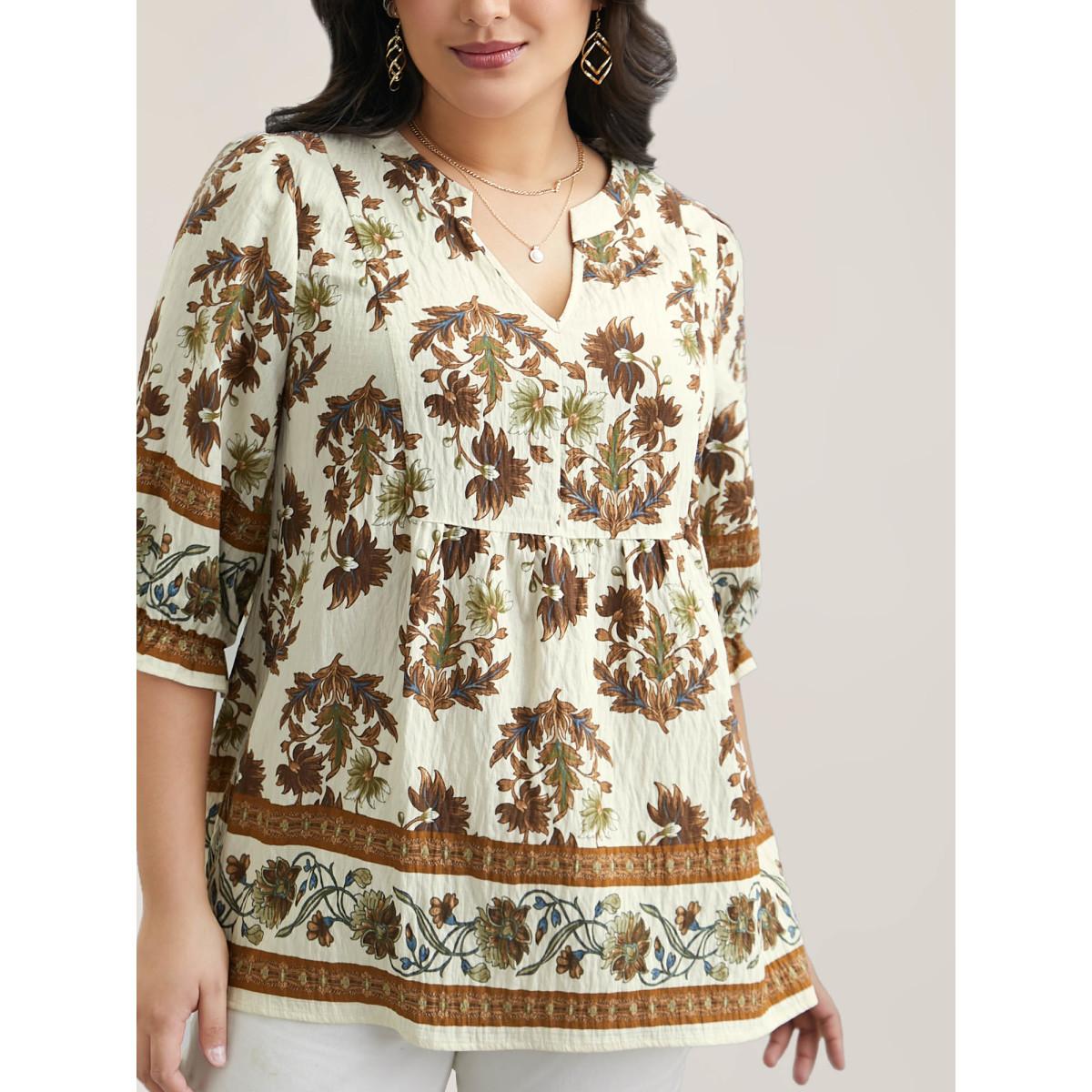 Plus Size Ivory Floral Print Notched Collar Shirt Women Elegant Elbow-length sleeve Notched collar Everyday Blouses BloomChic 12/L Product Image