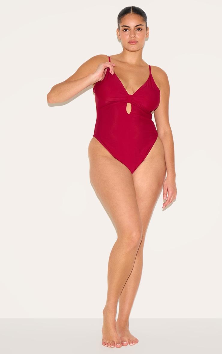 Plus Burgundy Knot Front Cut Out Swimsuit Product Image