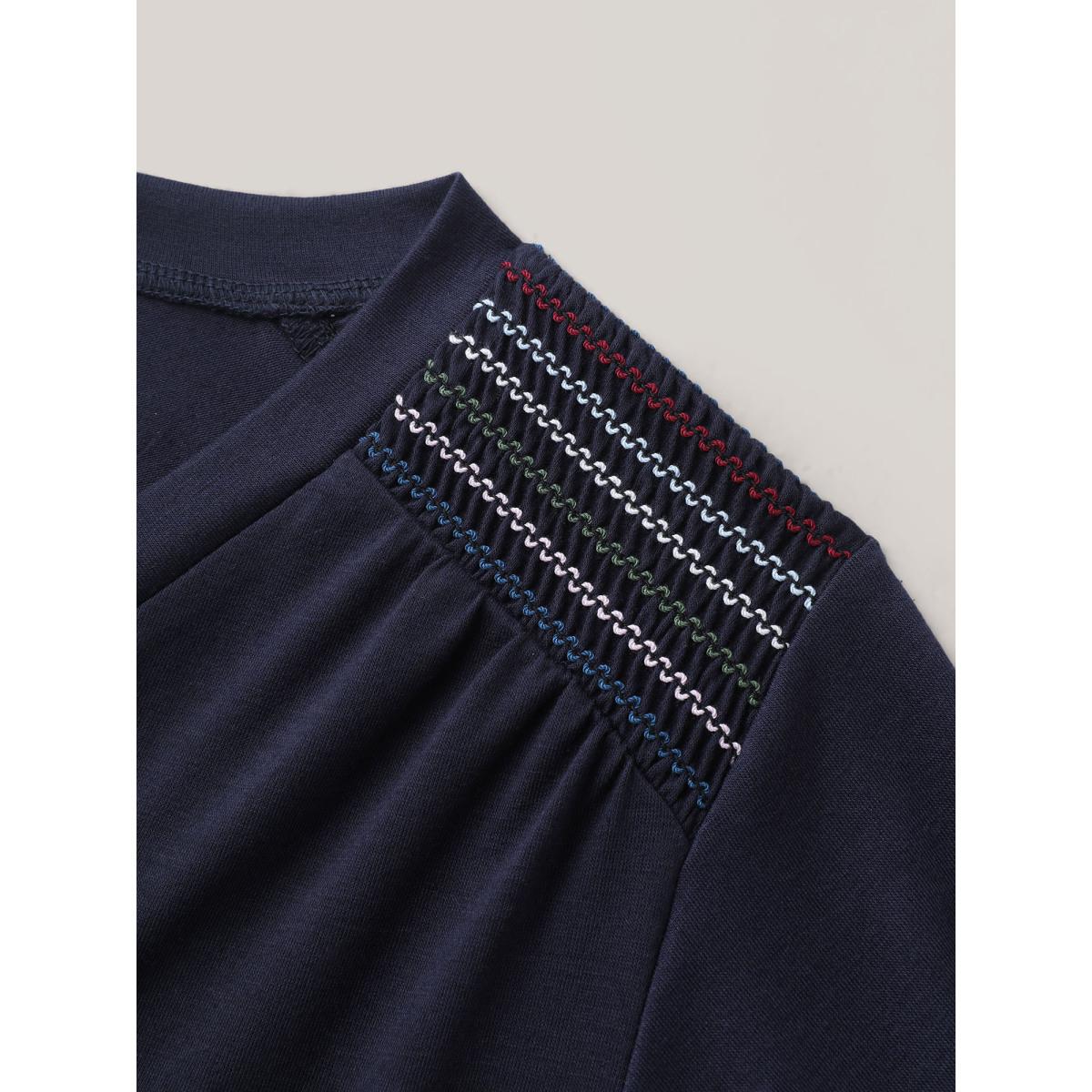 Plus Size Stretchy Colorful Spliced Shirred T-Shirt Midnight Women Leisure Shirred V-neck Casual T-shirts BloomChic 18-20/2X Product Image