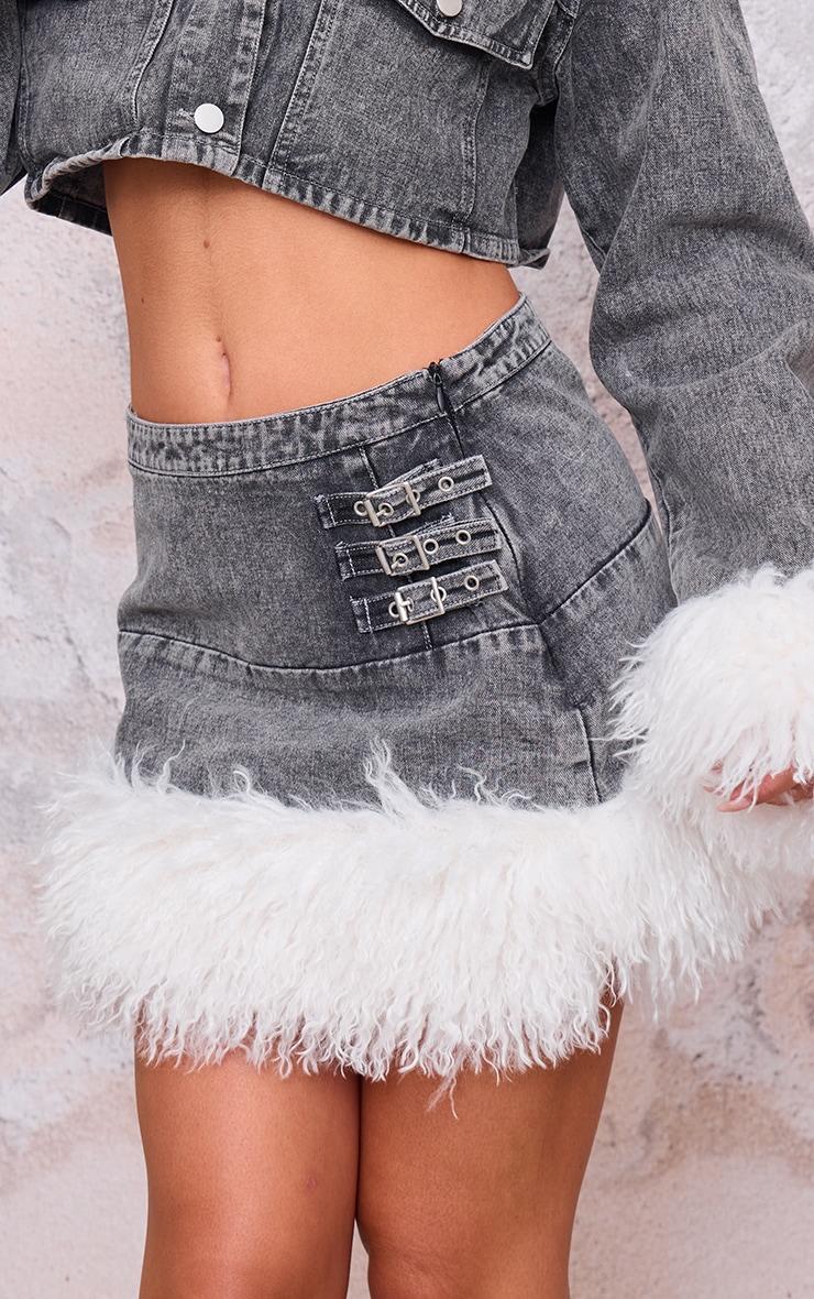 Washed Grey Denim Mini Skirt With Fur Trims Product Image