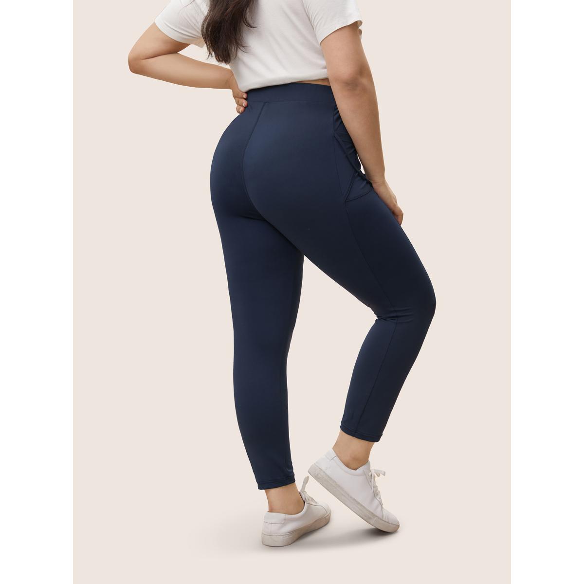 Plus Size Plain Elastic Waist Crisscross Pocket Leggings Women Midnight Casual High stretch Skinny High Rise Everyday Leggings BloomChic 12/L Product Image
