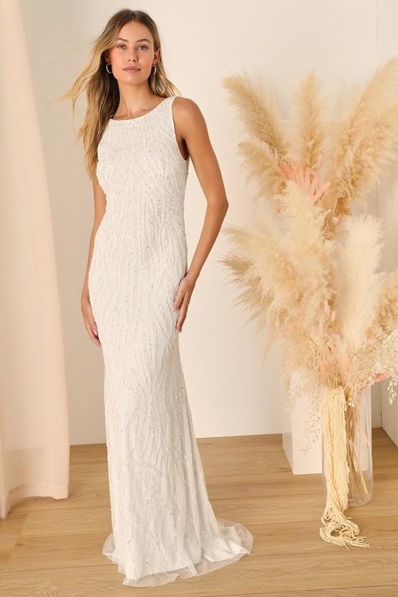 Glamourous Ever After White Sequin Beaded Backless Maxi Dress Product Image