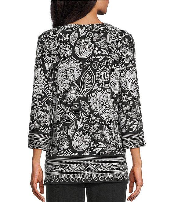 Allison Daley Petite Size Floral Beading 3/4 Sleeve V-Neck Knit Top Product Image