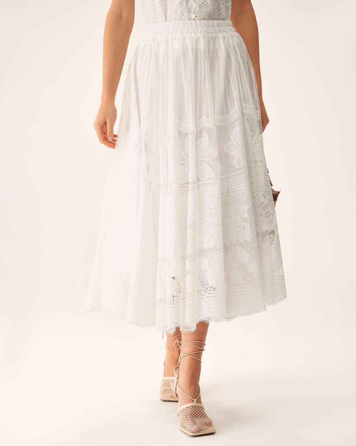 White Lace Elastic Waist Midi Skirt Product Image