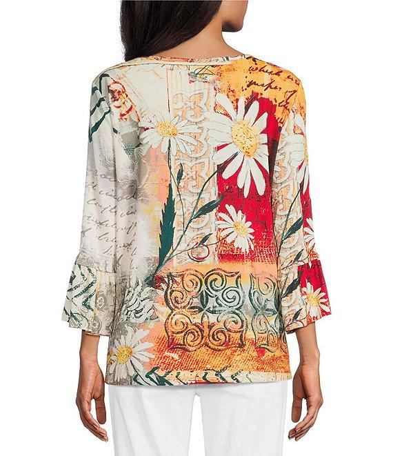 Multiples Embellished Placed Multi Print Boat Neck 3/4 Flounce Sleeve Knit Top Product Image