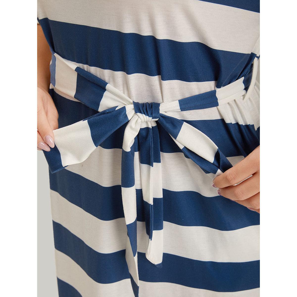 Plus Size Striped Ties Pocket Crew Neck Dress Cerulean Women Casual Belted Round Neck Short sleeve Curvy Midi Dress BloomChic 26/4X Product Image