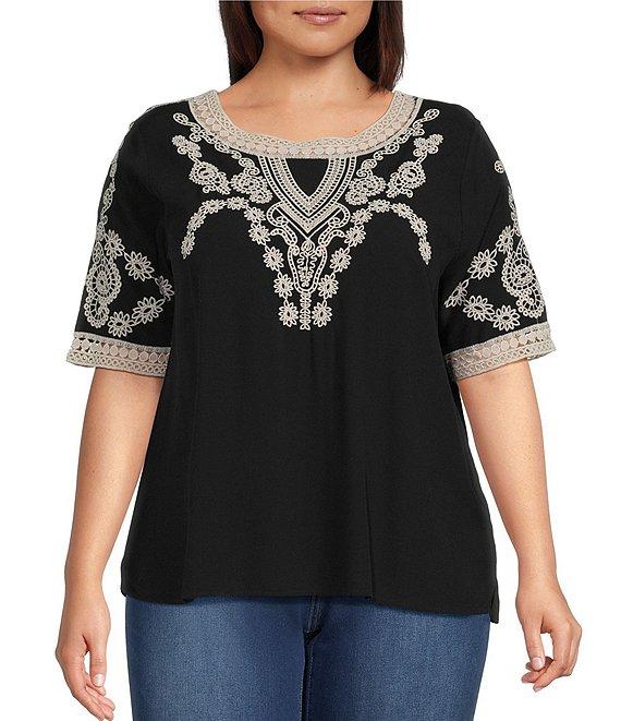 Leo & Nicole Plus Size Embroidered Crochet Boat Neck Trim Elbow Length Sleeve Top Product Image