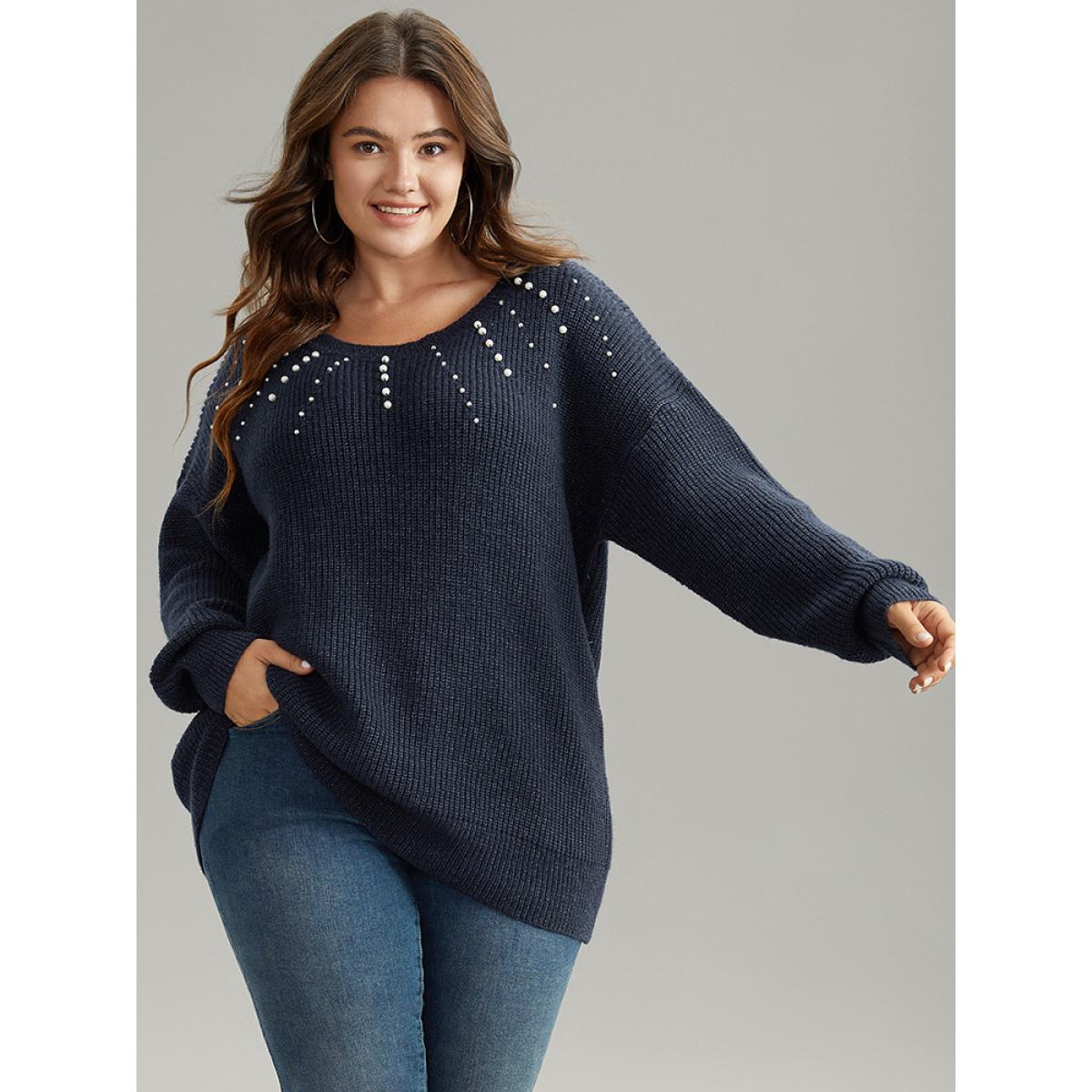 Plus Size Beaded Round Neck Elastic Cuffs Pullover Midnight Women Casual Loose Long Sleeve Round Neck Dailywear Pullovers BloomChic 12/L Product Image