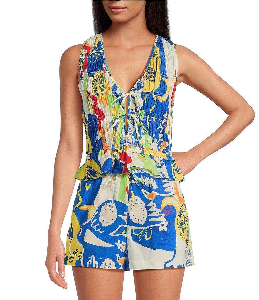 Chelsea & Violet Coordinating Natalie Printed Sleeveless V-Neckline Self Tie Smock Detail Front Blouse Product Image