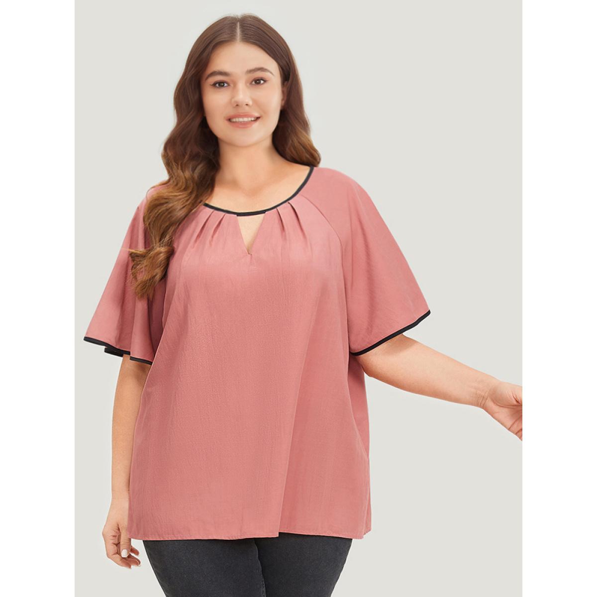Plus Size Rouge Contrast Trim Plicated Detail Ruffle Sleeve Keyhole Blouse Women Elegant Short sleeve Keyhole Cut-Out Dailywear Blouses BloomChic 12/L Product Image