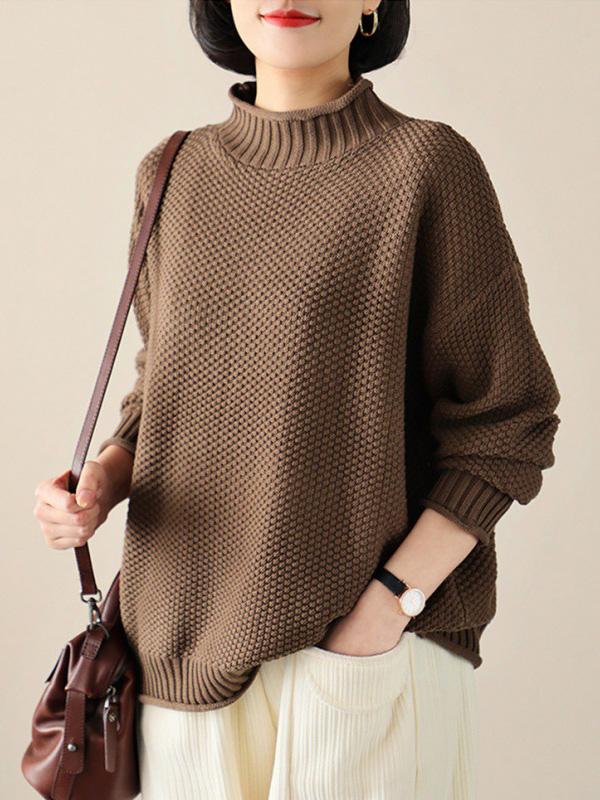 Casual Loose Long Sleeves Solid Color High-Neck Sweater Tops Product Image