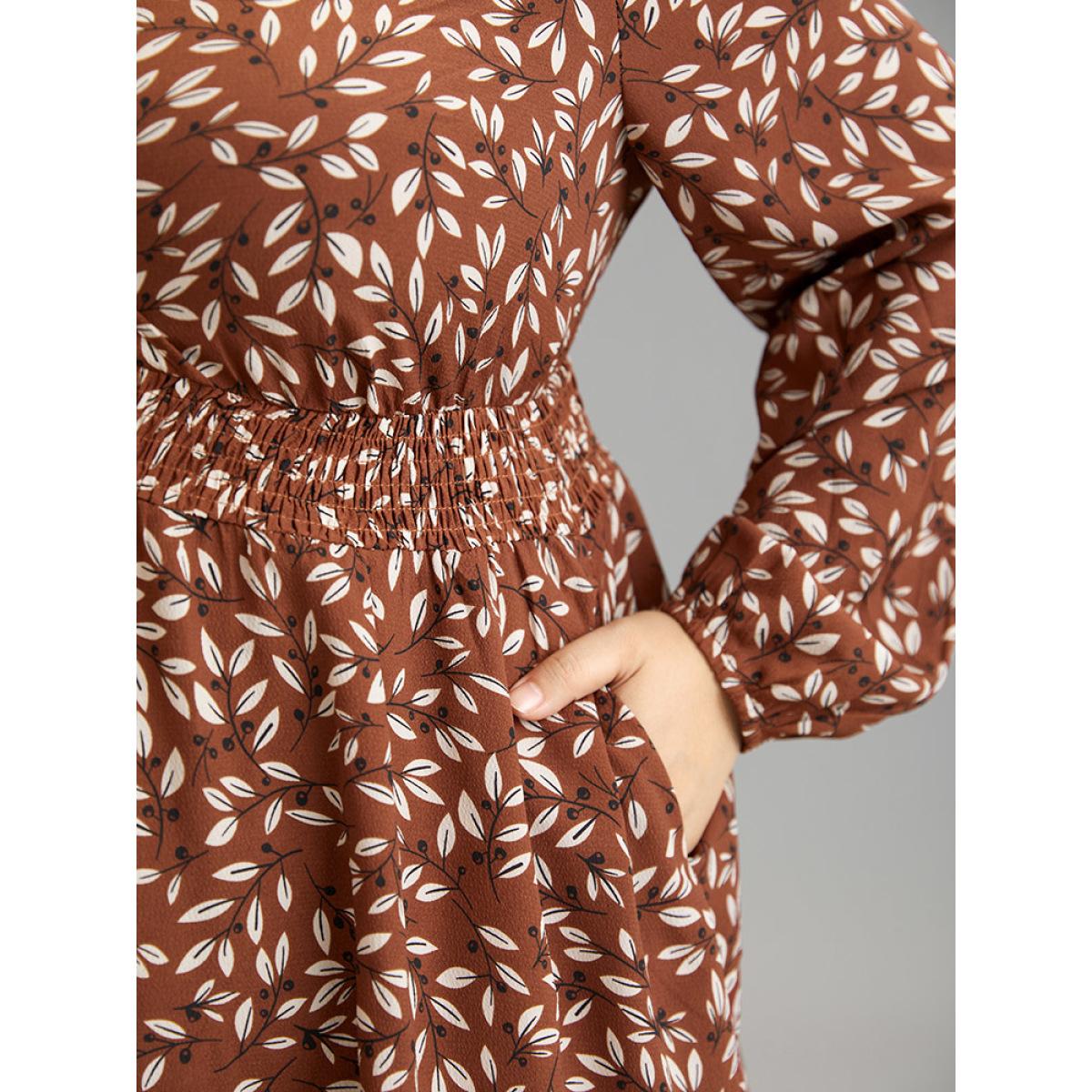 Plus Size Russet Ditsy Floral Shirred Elastic Waist High Low Hem Blouse Women Elegant Long Sleeve V-neck Everyday Blouses BloomChic 28/5X Product Image