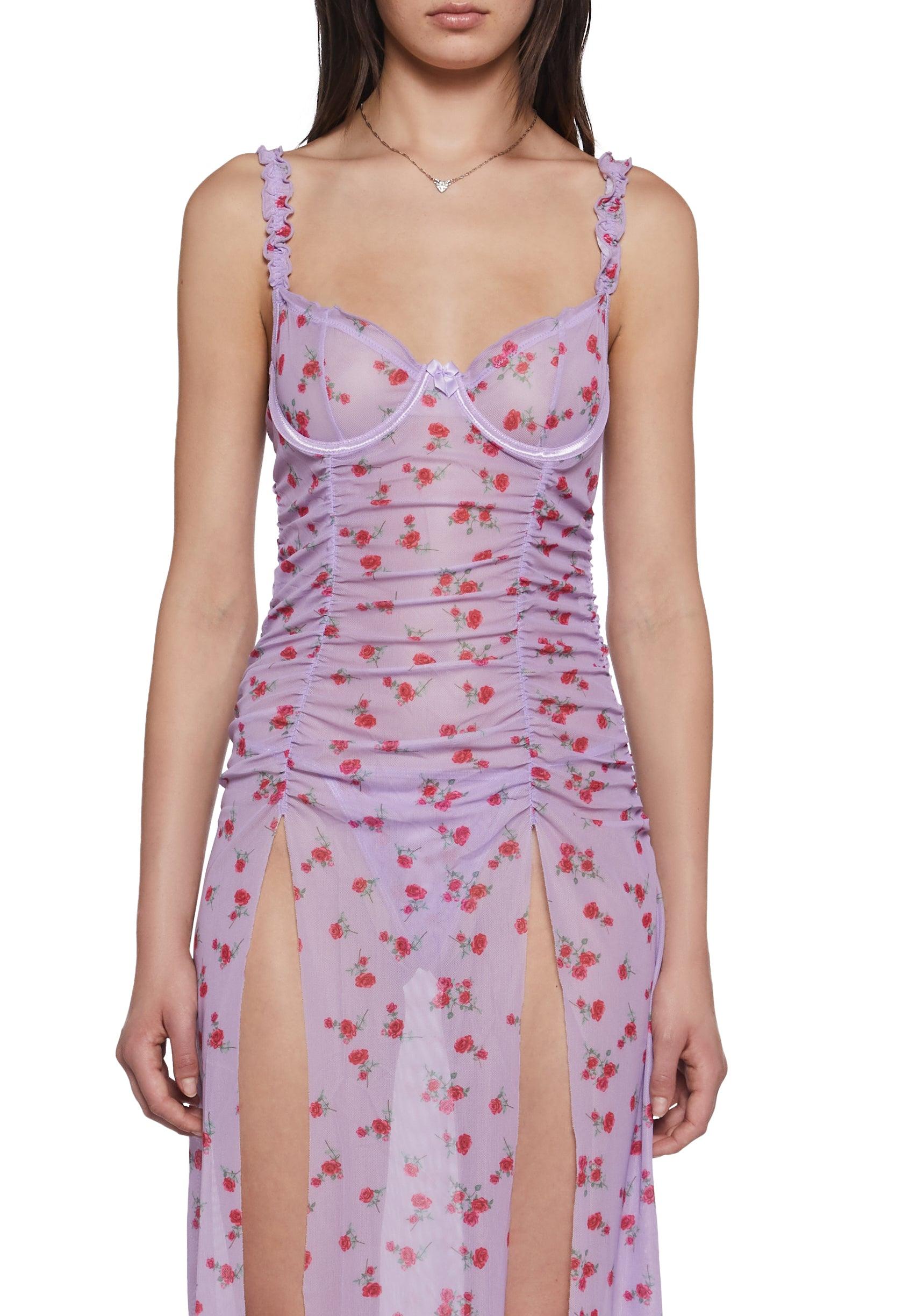 Womens Floral Print Nightdress And Thong Panty Lingerie Set - Purple Product Image