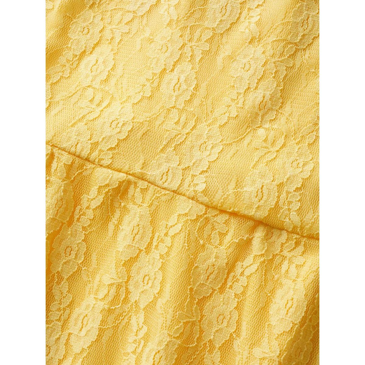 Plus Size Crochet Lace Mesh Ruffle Sleeve Dress Yellow Women Elegant Woven ribbon&lace trim Square Neck Short sleeve Curvy BloomChic 26/4X Product Image