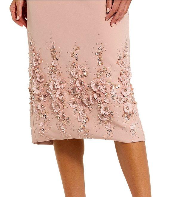 Mac Duggal Boat Neck Sleeveless 3D Floral Applique Crepe Sheath Midi Dress Product Image