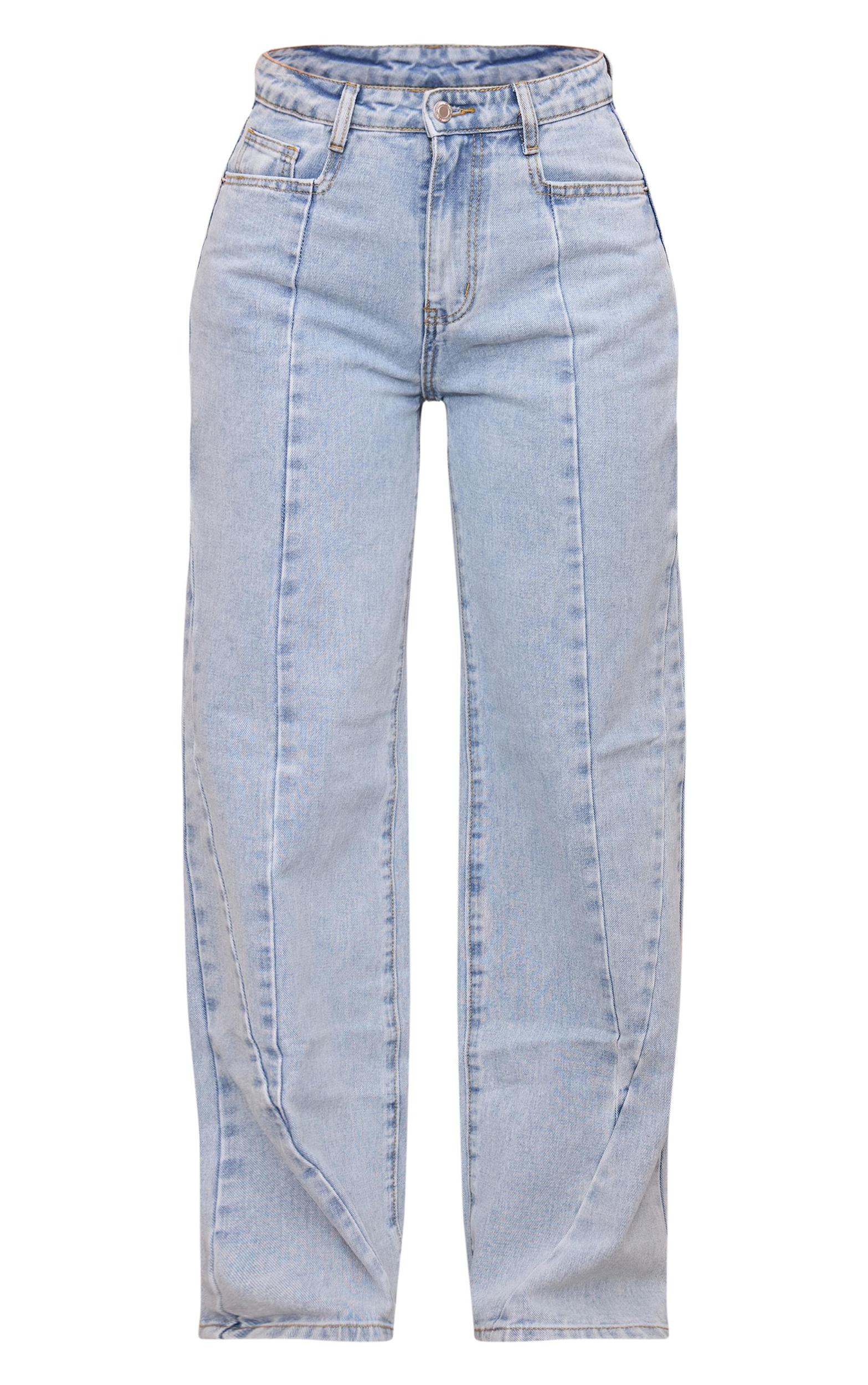 Light Blue Washed Front Seam Detail Wide Leg Jeans Product Image