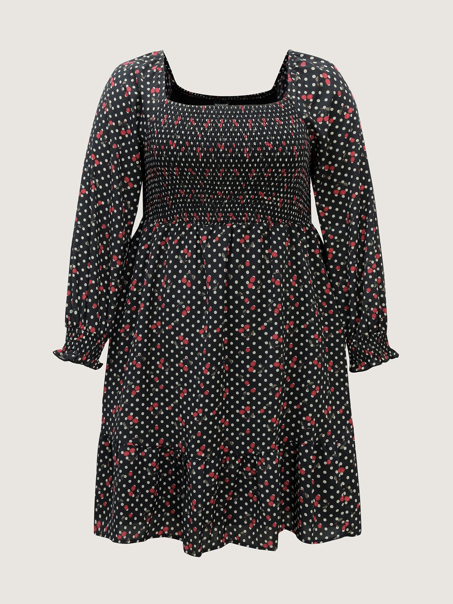 Polka Dots Cherry Shirred Bodice Knee Dress Female Product Image