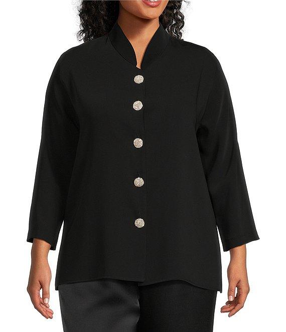 Caroline Rose Plus Size Matte Crepe Mandarin Collar 3/4 Sleeve Black Rhinestone Button Statement Jacket Product Image