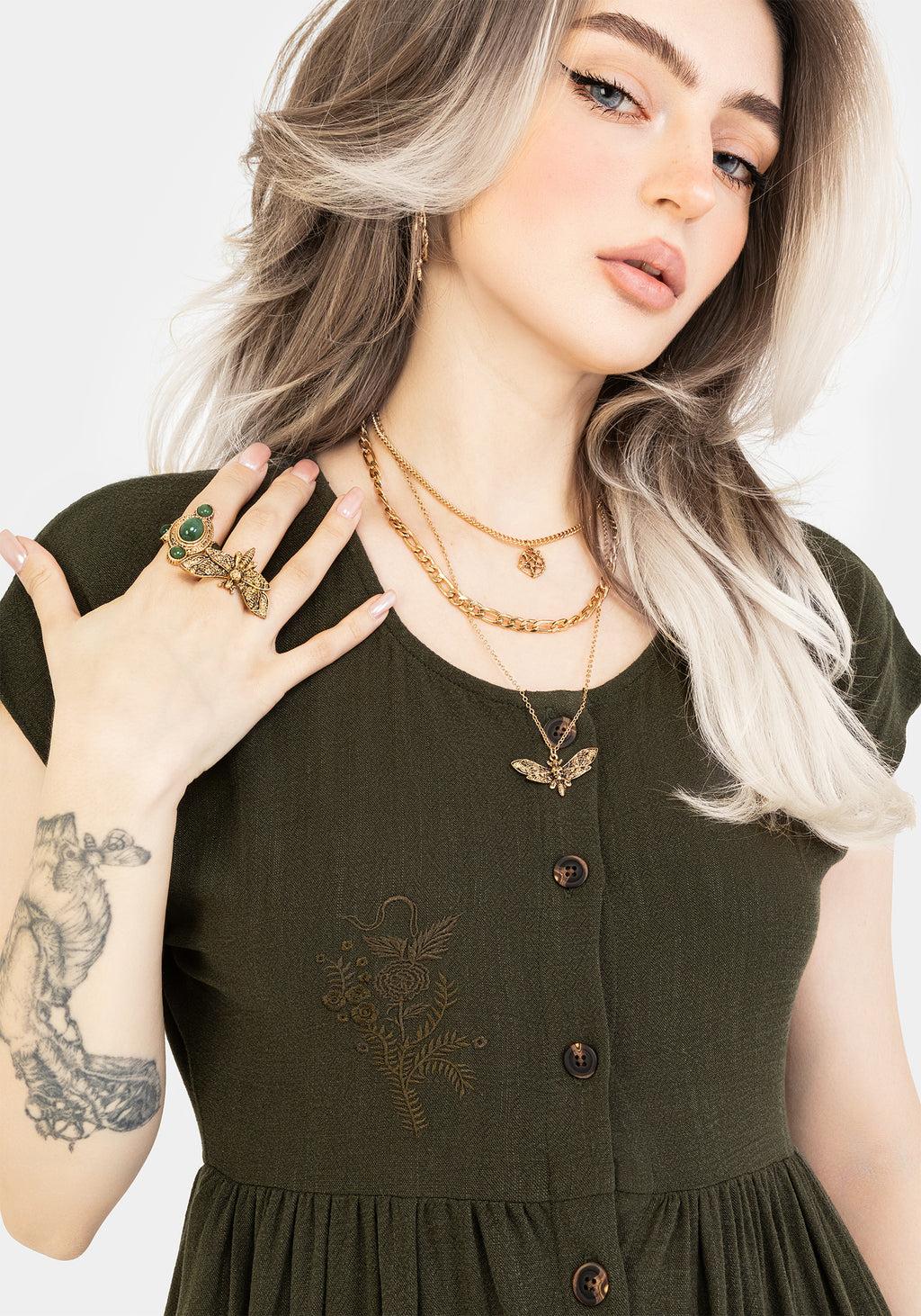 Foliate Linen-Blend Embroidered Button Up Midi Dress - Green Product Image