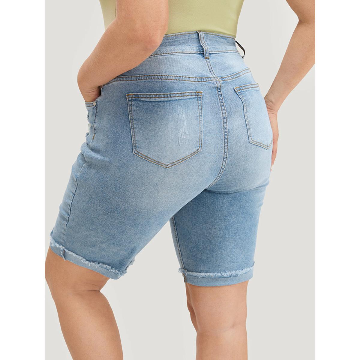 Plus Size Moderately Stretchy High Rise Light Wash Distressed Denim Shorts Women LightBlue Casual Plain Medium stretch Pocket Jeans BloomChic 14/1X Product Image