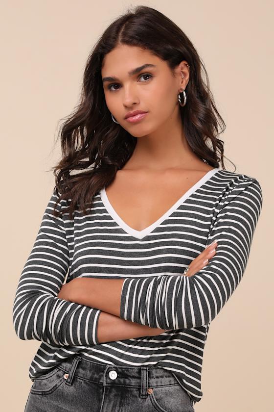 Daily 'Fit Charcoal and Ivory Striped Long Sleeve Top Product Image