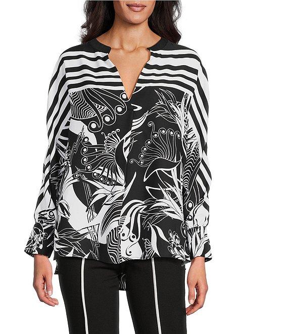Slim Factor by Investments Stylized Floral Border Print Long Sleeve Split V-Neck Top Product Image