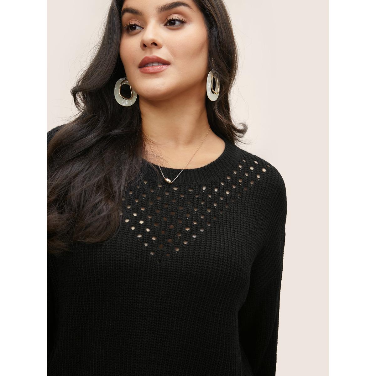 Plus Size Plain Round Neck Hollow Out Drop Shoulder Pullover Black Women Casual Loose Long Sleeve Round Neck Dailywear Pullovers BloomChic 28/5X Product Image