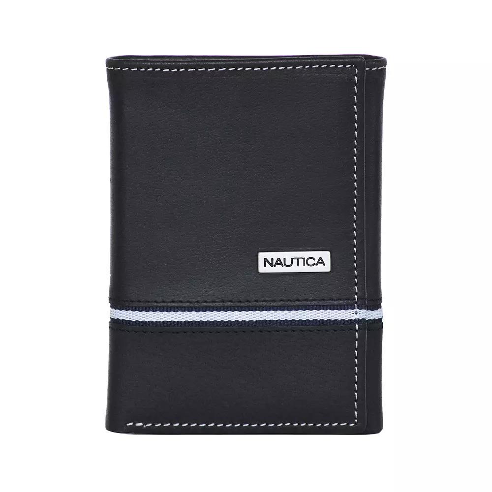 Men's Nautica Logo Ribbon Leather RFID-Blocking Trifold Wallet, Black Product Image