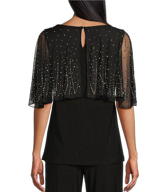 Marina Beaded Short Capelet Sleeve Round Neck Matte Jersey 2-Piece Pant Set Product Image