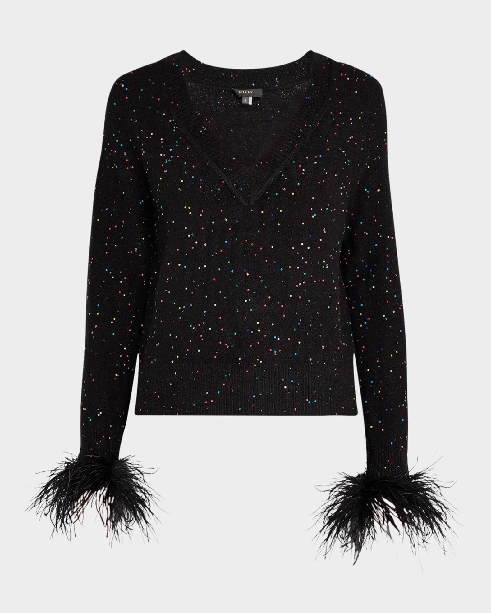 Feather-Cuff Sequined Knit Sweater Product Image