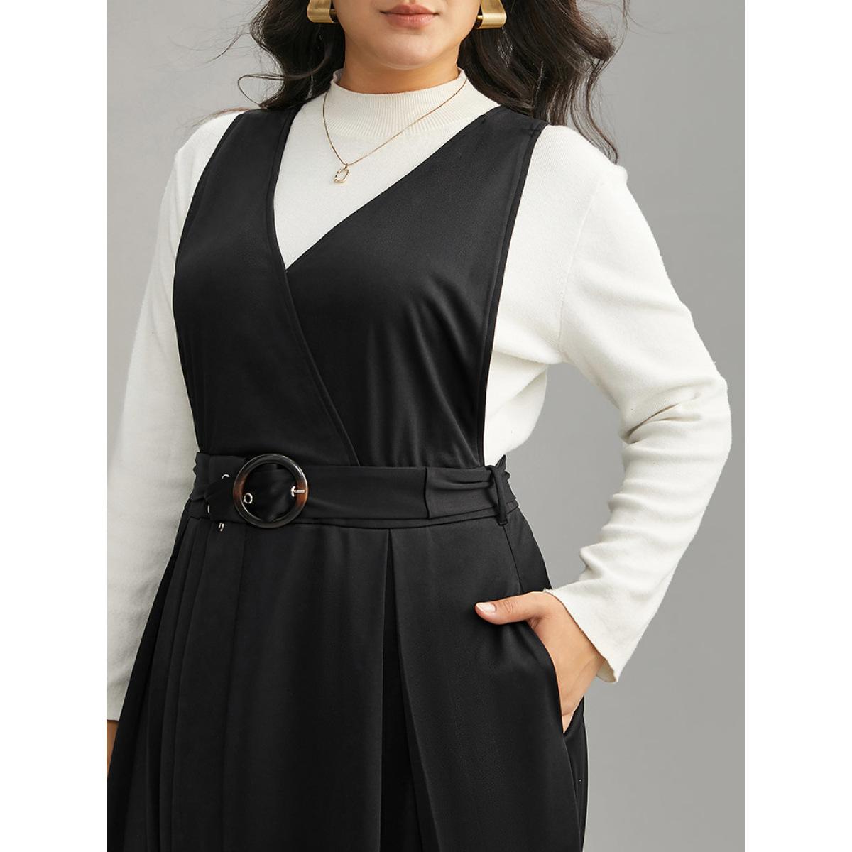 Plus Size Plain Buckle Detail Surplice Neck Tank Dress Black Women Elegant Wrap Overlap Collar Sleeveless Curvy Midi Dress BloomChic 22-24/3X Product Image