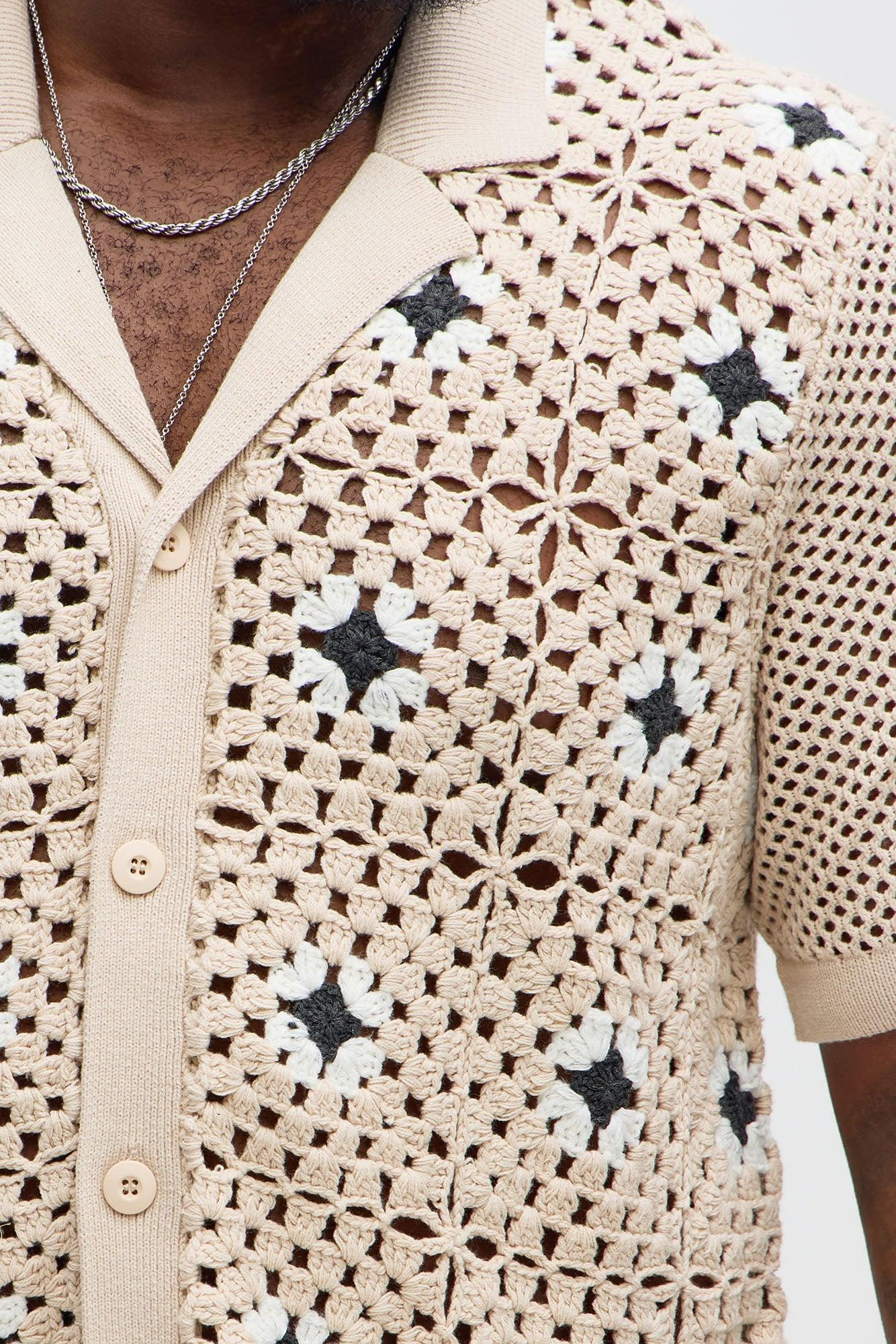 La Quinta Crochet Short Sleeve Cuban Collar Shirt - Tan Product Image