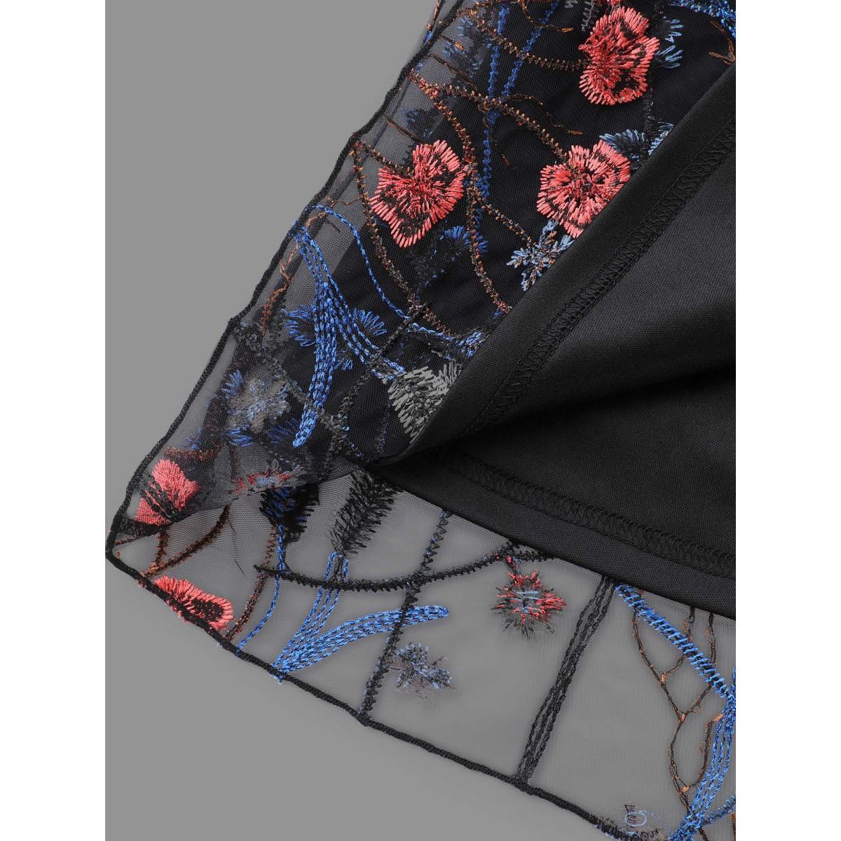 Plus Size V Neck Mesh Embroidered Patch Dress Black Women Cocktail Texture Party Curvy Bloomchic 30/6X Product Image