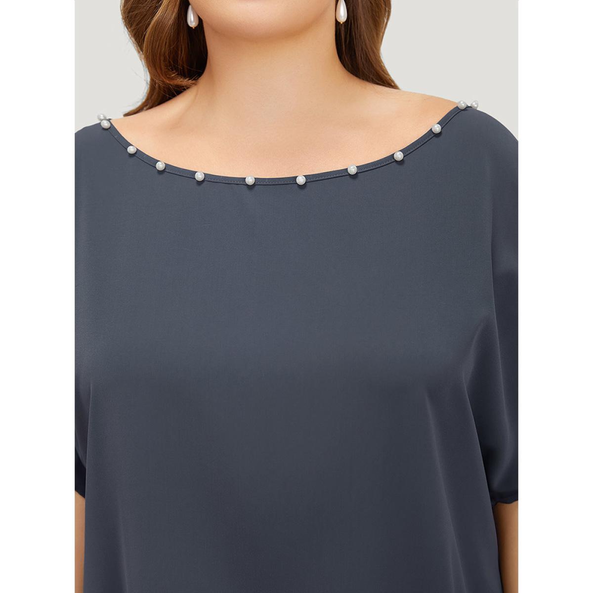 Plus Size Indigo Solid Pearl Beaded Ruched Sleeve Blouse Women Glamour Sleeveless One Shoulder Going out Blouses BloomChic 14-16/1X Product Image