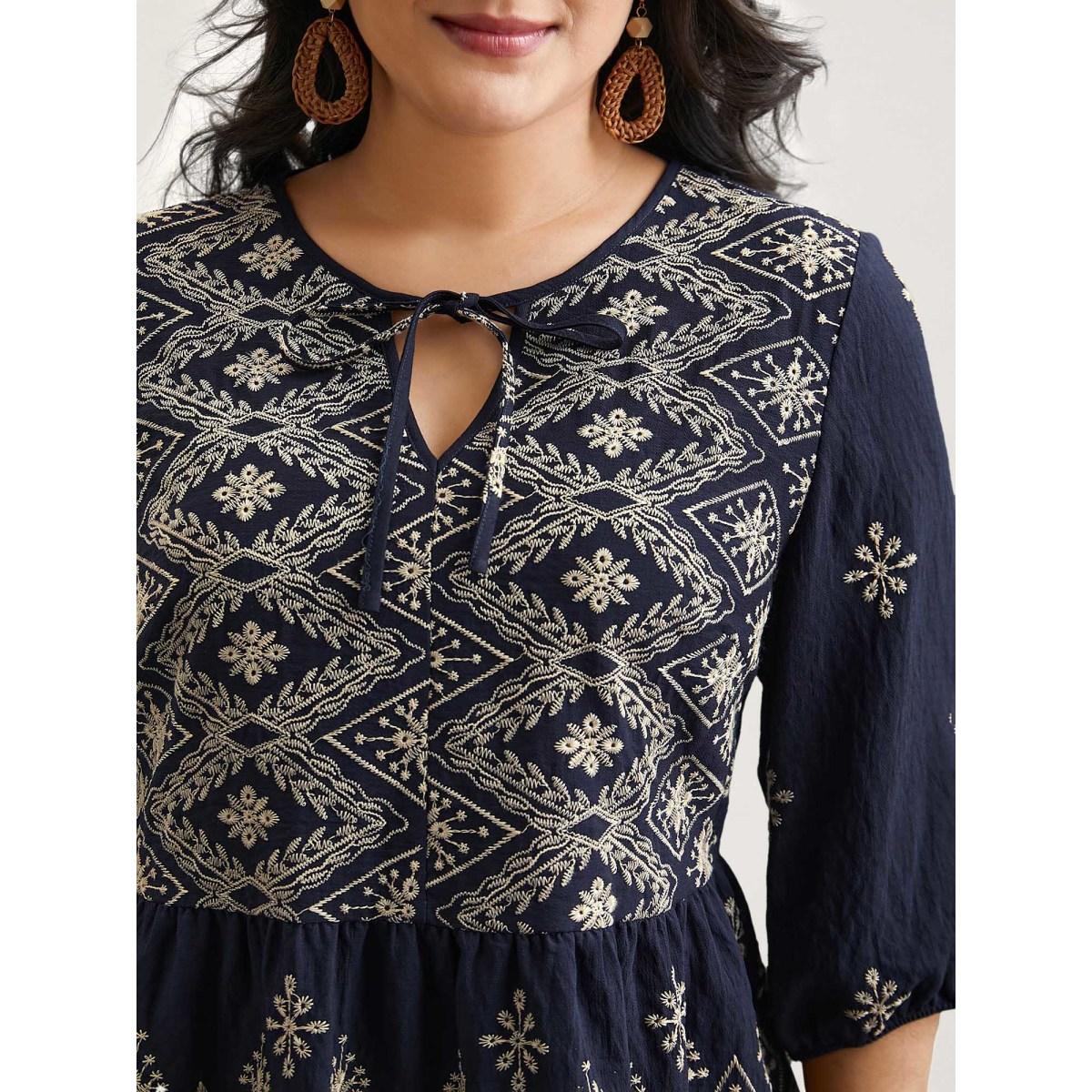 Plus Size Indigo Boho Embroidered Pleated V-Neck Blouse Women Resort Elbow-length sleeve V-neck Vacation Blouses BloomChic 14-16/1X Product Image