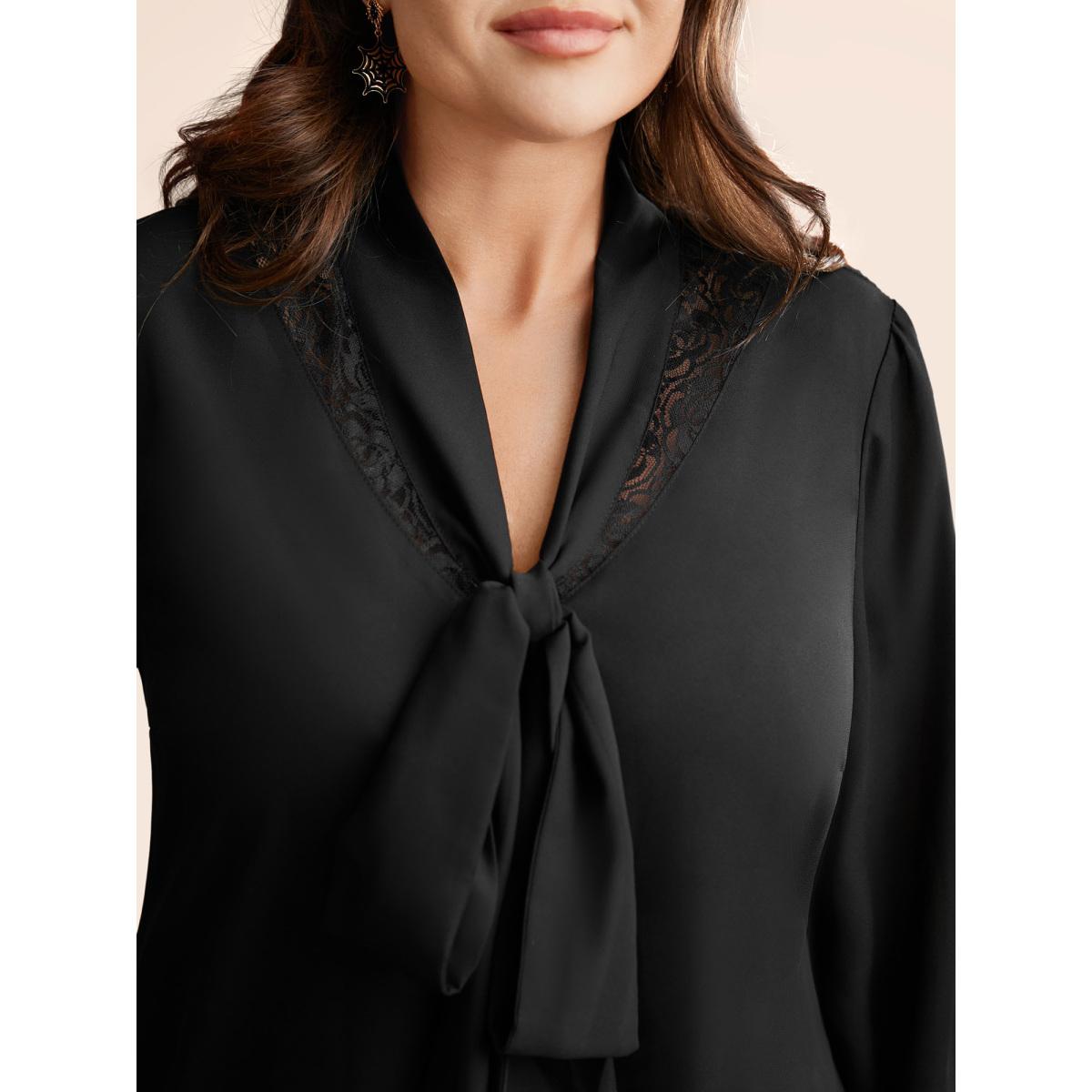 Plus Size Black Lace-Trimmed Adjustable Ties Blouse Women Elegant Long Sleeve Ribbon-tied collar Everyday Blouses BloomChic 14-16/1X Product Image
